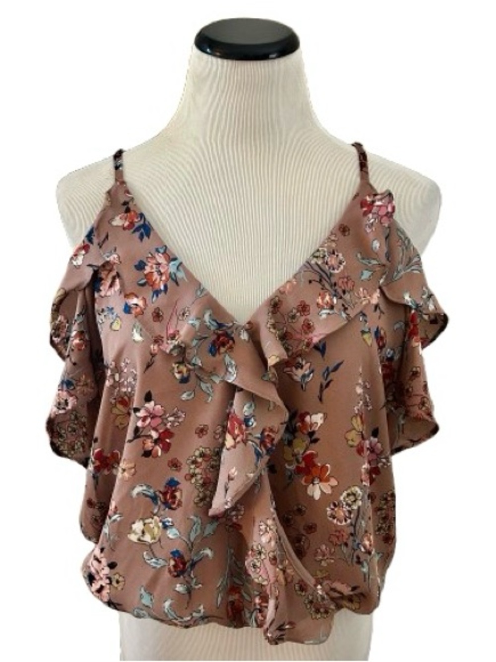 EUC Moa Moa Mauve Floral Ruffle Cold-Shoulder Spaghetti Strap Blouse. Size L.